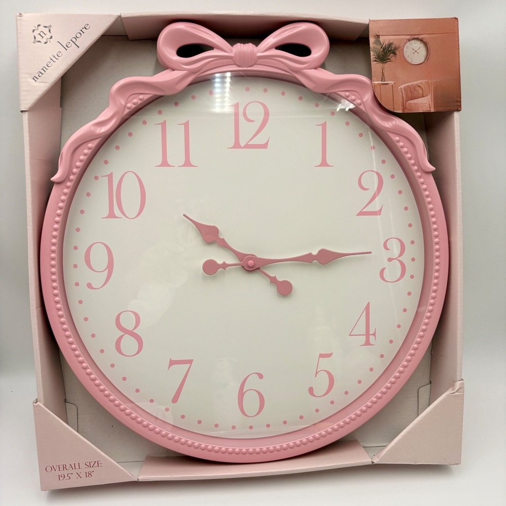 Nanette Lepore Large Pink Bow Wall Clock Round Scalloped Beaded Frame NEW 19.5"